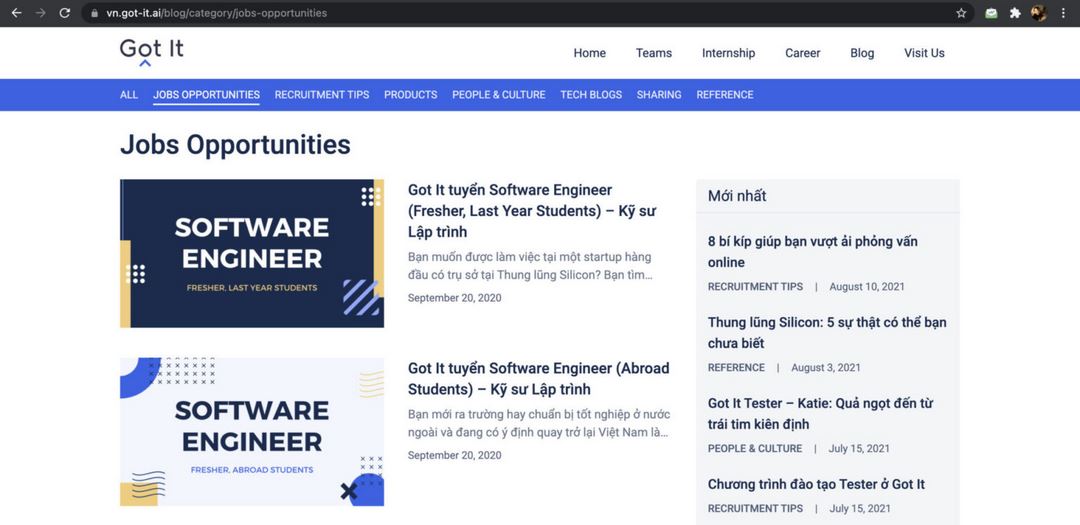Website của Got It Vietnam luôn cập nhật những vị trí tuyển dụng